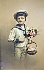 Postcard Hand Tinted Small Boy in Sailor Suit Hat Flowers Rose Basket Edwardian
