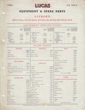 Citroen DS19 2CV 1956 Lucas Spare Parts List Single Sheet NOT ILLUSTRATED 