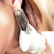 Statement White Feather Earrings with Large Diamanté Feature Beautiful Festival