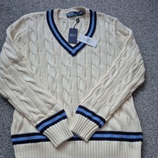 Polo Ralph Lauren Men’s The Iconic Cricket Sweater Cream Stripe Jumper large