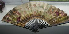 VINTAGE  HAND FAN  - LOVERS , ANGELS & CHERUBS PAPER ON SILK  24"  CLEAN TIDY