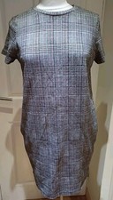NEXT Grey Pink CHECK Stretchy MINI Short DRESS 14 Petite WORK Office Business