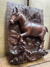 Beautiful vintage wooden relief carved panel of a horse / pony in landscape.