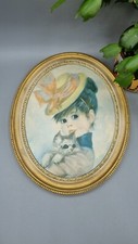 Madryn Miniature Plastic Kitsch Wall Painting Hanging Framed Girl And Cat