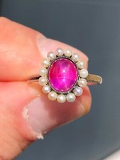 Stunning Antique Art Deco Mikimoto Natural Burma Star Ruby & Pearl Silver Ring