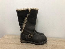 CAT LADIES DARK BROWN LEATHER FUR LINED BUCKLE MID CALF BOOTS UK 4 EUR 37 B156