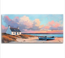 Scottish Beach Cottage Canvas Wall Art Print Framed Coastal Painting Picture 3