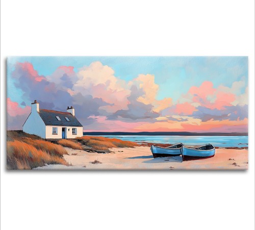 Scottish beach cottage canvas - scottish,
