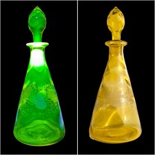 Antique Thomas Webb Art Etched Glass Vine Leaf Wine Decanter Uranium Vaseline