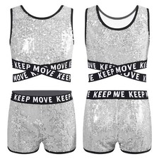 Girl's 2 Pieces Sequin Dance Active Sport Outfit Crop Top and Booty Shorts Sets