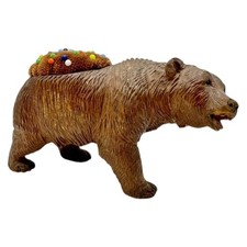 ANTIQUE *BLACK FOREST* CARVED WOODEN BEAR PIN CUSHION SEWING FIGURE C1900 RARE