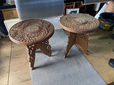 2X Vintage Small Carved Indian folding Tea/Plant tables