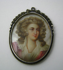 SILVER FRAME MOTHER-of-PEARL MINIATURE PORTRAIT PAINTING PENDANT 830Silver 1900s