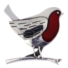 Brooch By St Justin  Pewter  Enamelled  Robin on Branch