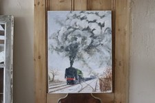 Vintage Large Oil Painting Locomotive Steam Train
