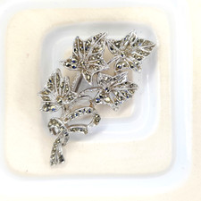 Vintage Marcasite Ivy Leaf Brooch Silver Tone Mid Century Lapel Pin