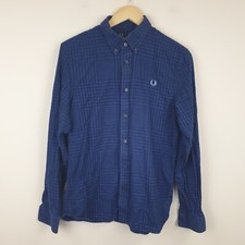 Fred Perry Shirt Mens Medium Blue Gingham Long Sleeve Button Down Mod Casual