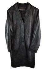River Island Womans Black Long Leather Vintage Overcoat Jacket Size 12