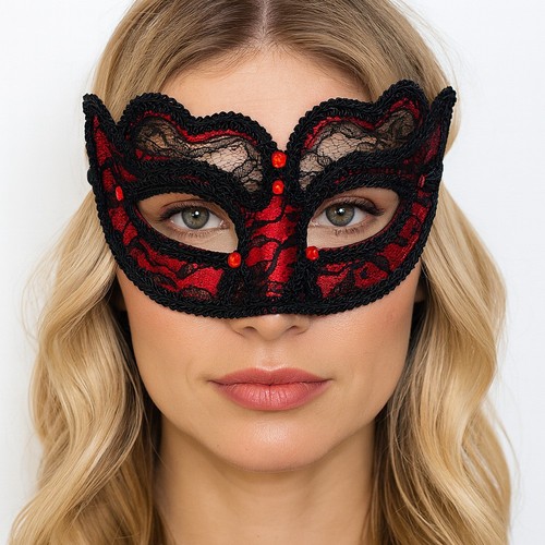 Red lace face mask halloween - red,