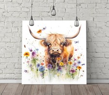 HIGHLAND COW FLOWER FIELD SQUARE CANVAS WALL ART FLOAT EFFECT/FRAME/POSTER PRINT