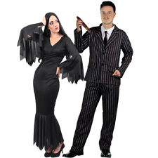 COUPLES GOTHIC CHARACTER COSTUME WOMENS BLACK DRESS MENS STRIPED SUIT HALLOWEEN