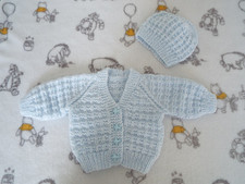 Hand Knit Blue & White Mix Baby Cardigan & Hat Set Baby Girl Or Boy Newborn