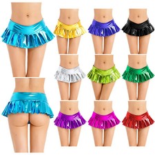 Women's Shiny Metallic Pleated Ultra Micro Mini Rave Skirt Low Rise Short Skirt