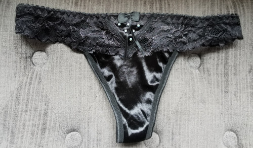 Black satin lace - black, thong
