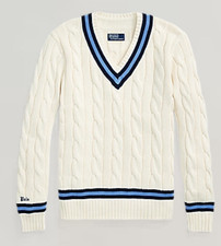 bnwt POLO RALPH LAUREN large  L The Iconic Cricket Sweater Cream Navy Stripe