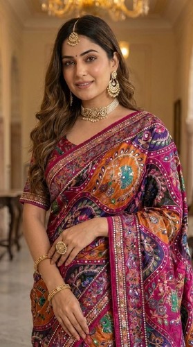 Roman silk ajarakh print saree - silk,