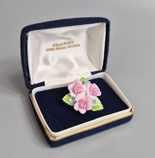 Vintage Coalport Fine Bone China Rose Flower Brooch Gold Tone Original Box