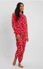 Debenhams Red Candy Cane and Love Hearts Christmas Pyjamas Size 16/18 Fleece
