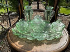 Vintage Art Deco Dressing Table Set Green Glass Vanity 7 Pieces 1920's 1940's