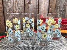 4 VINTAGE RETRO BLUE & YELLOW FLOWER DESIGN TUMBLERS DRINKING GLASSES