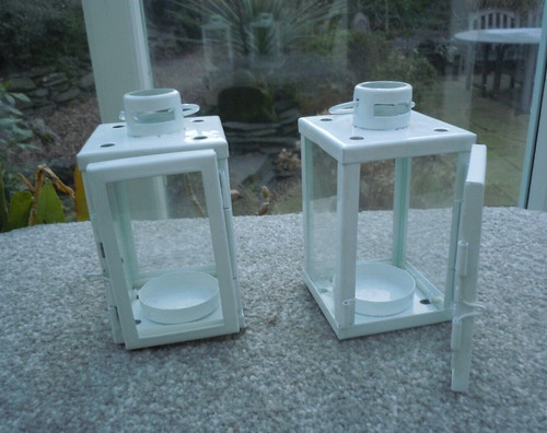 Pair white mini lanterns home - lanterns,