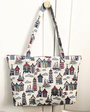 Handmade Tote Bag In Marine Beach Huts Tapestry Fabric