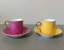 2 Thomas Goode Cup & Saucer Sets - Bone China - Yellow Purple - Tea Coffee 140ml