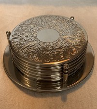 Vintage Set Of 6 Silver Plated Coasters With Holder/Bottle Stand