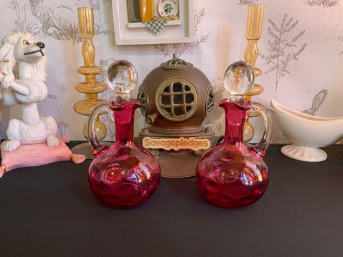 Pair cranberry glass - glass, dimpled