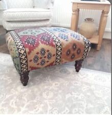 handmade warwick anthropology kilim style fabric footstool with mahogany legs