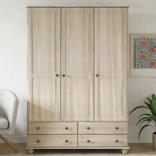 Light Wood with White Wash 3 Door Triple Wardrobe with Drawers - Hampton HPT003