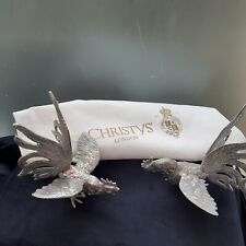 Vintage Pair of Italian Silver Fighting Cockerels. 1950s. Christy's Bag Included