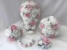 Wedding Flowers Ivory Rose Grey heart Bouquet Bride Bridesmaid, Flower-Girl Wand