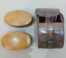 Antique Wooden Clothes or Shoe Brushes in a Leather Case