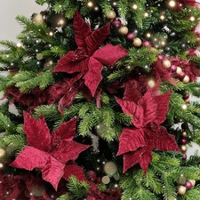 Set of 3 Burgundy Velvet Poinsettia Floral Tree Decorative Picks 22cm Red Flower