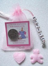 PERSONALISED LUCKY SIXPENCE 1st BIRTHDAY GIRL GOOD LUCK CHARM TEDDYBEAR  ESP