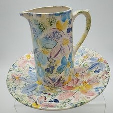 Susie Cliffe Bespoke Hand Painted Floral Pattern Ewer Jug & Wash Dish - 7" Tall