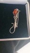 Vintage Silver And Amber Lily Brooch.