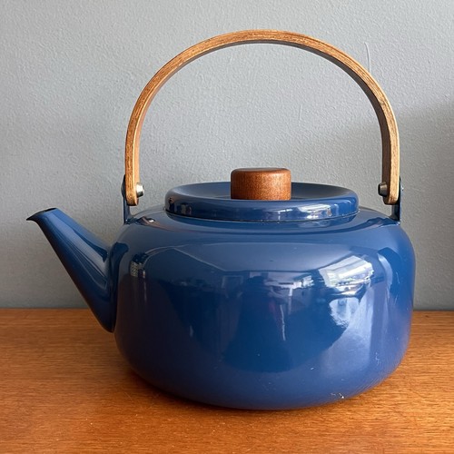 Vintage blue enamel tea kettle - enamel,