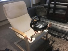 Steampunk IKEA POÄNG chair with racing rig, GT steering wheel and pedals